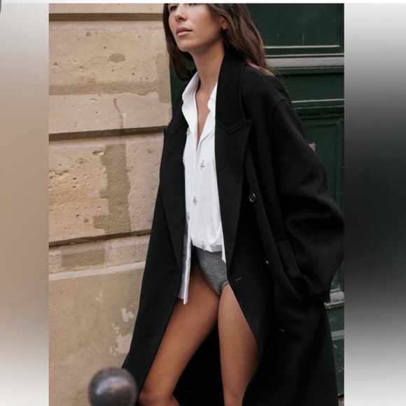 NWT ZARA Double Faced Black Wool Blend Double Breasted Long Oversized Coat - Picture 7 of 13